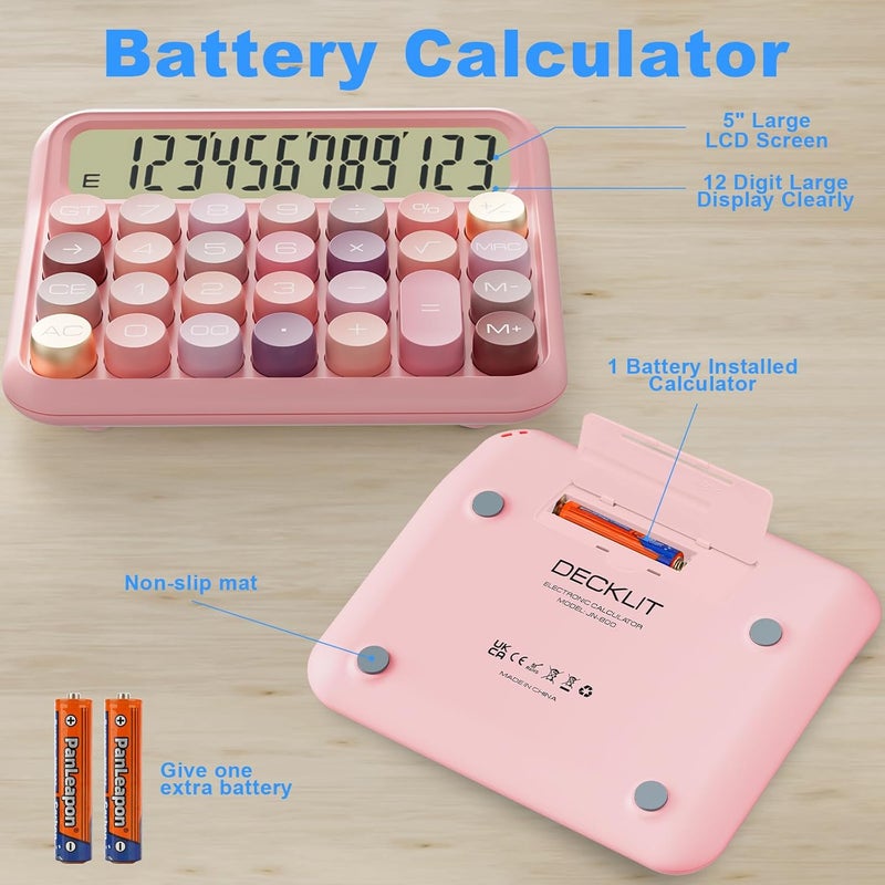 Decklit Battery Desk Calculator - 12 Digit Extra Large 5-Inch LCD Display, Big Buttons Easy to Press, 15 Tilt Screen for Kids (Rose) - Image 3